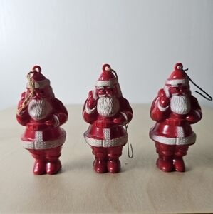 Vintage Christmas Ornaments Red Hard Plastic Santa With Bag Of Toys Set Of Three